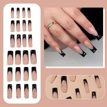 Нажмите на ногти, французский акрил, удлиненные, со стразами, блестящий маникюр своими руками, полное покрытие, длинные накладные ногти A