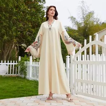 NC44 Ближневосточное платье с V-образным вырезом для мусульманок с кисточкой и принтом Абайя L