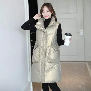 Не требующая стирки блестящая куртка из хлопка, женская жилетка средней длины с воротником-стойкой, новый модный жилет с застежкой-молнией M чёрный