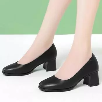 Не устают ноги удобные высокие каблуки весна 2025 новые толстые каблуки французские одинарные туфли женские с мелким горлом темперамент черные рабочие туфли 35 чёрный
