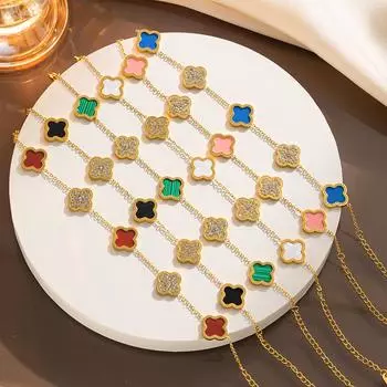 Не выцветающий браслет из титановой стали с четырьмя листами клевера, модный и очаровательный браслет, браслет с пятью цветами в европейском и американском стиле 16+5cm белый