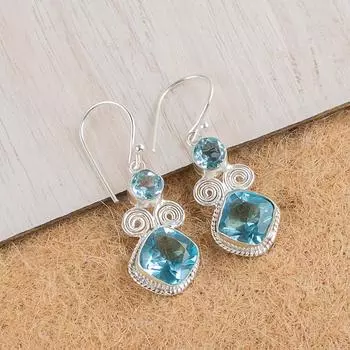Небесно-голубой топаз драгоценный камень 925 стерлинговое серебро ручная работа ювелирные изделия серьги-крючки 1.12 EE-69-4
