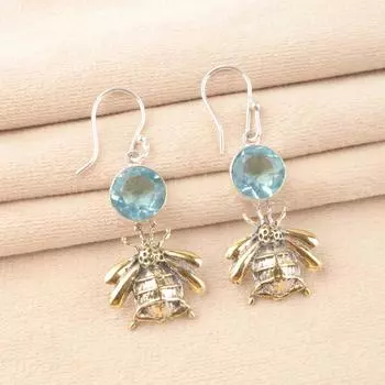 Небесно-голубой топаз, драгоценный камень, серебро 925 пробы, серьги ручной работы, модные, 2 , EE-154-3