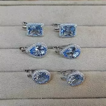 Небесно-голубые серьги, квадратные круглые грушевидные модные женские серьги из серебра 925 пробы с цирконом небесно-голубой