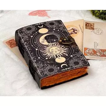 Небесное Солнце и луна Кожаный винтажный журнал ручной работы • Бумага с рваным краем, Пустая книга заклинаний, книга теней, гримуар, подарок для него/нее 7 x 5 in