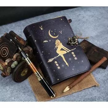 Небесное Солнце и Луна Винтажный кожаный ежедневник ручной работы с бумажным краем и заготовкой 7 x 5 in чёрный