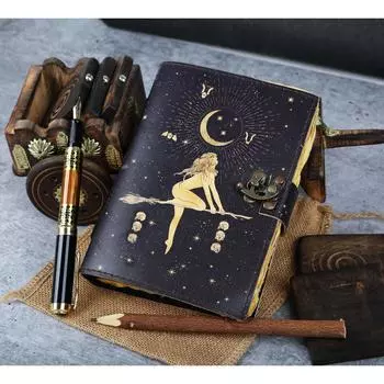 Небесное Солнце и Луна Винтажный кожаный ежедневник ручной работы с бумажным краем и заготовкой 7 x 5 in чёрный