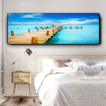 Небо Облака Мост Закаты Натуральное Море Панорама Пейзаж Холст Картина Куадрос Плакаты и принты Настенная картина для гостиной 20x60cm