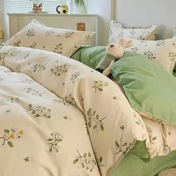 Небольшая кровать из свежего чистого хлопка с начесом, комплект из четырех предметов, утолщенные простыни из стираного хлопка и пододеяльник, комплект из трех предметов для общежития 1.2m three-piece set