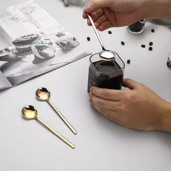 Небольшая круглая ложка из нержавеющей стали 304, золотая длинная ручка, мини-креативная кофейная ложка, десертная ложка для смешивания чая с молоком 13cm серебряный