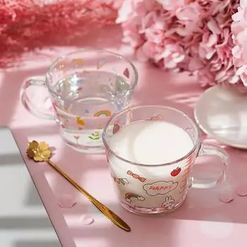 Небольшая стеклянная кружка с ручкой и свежим цветочным узором 301-400ml