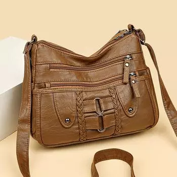 Небольшая сумка из мягкой кожи, двухслойная женская сумка, сумка через плечо для матери среднего возраста, сумка через плечо коричневый