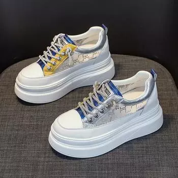 Небольшая увеличивающая рост стелька женская обувь летняя новая сетчатая дышащая толстая подошва кожа белые туфли повседневные кроссовки 34