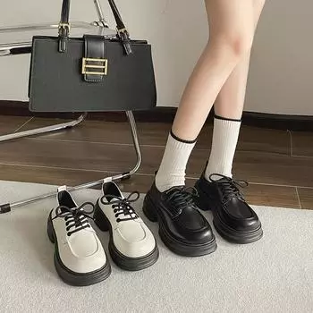 Небольшие кожаные туфли, женские в британском стиле, универсальные на весну и осень, с толстой подошвой и студенческим галстуком в японском стиле, винтажные одинарные туфли. 35 чёрный