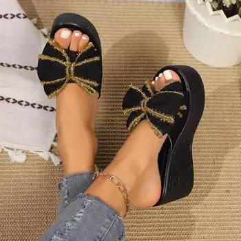 Небольшие модные тапочки на танкетке с бантом, женская обувь, лето 2024, новые повседневные тапочки большого размера с толстой подошвой 34 чёрный