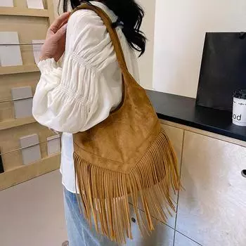 Небольшие сумки через плечо из замшевой ткани с кисточками для женщин 2024 года, женская модная сумка через подмышку, милые женские сумки и кошельки коричневый