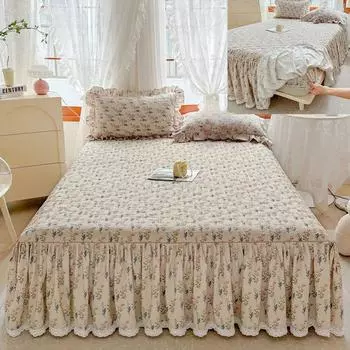 Небольшое цветочное покрывало в пасторальном стиле, белое кружевное хлопковое покрывало на кровать, комплект из трех предметов, домашний толстый стеганый противоскользящий чехол на кровать 150x200cm bed skirt
