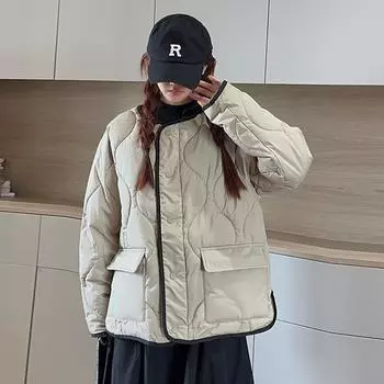 Небольшой аромат ветра контрастная строчка без воротника ромбовидный пуховик хлопковый женский зимняя супер красивая короткая круглая горловина хлопковая куртка женская S