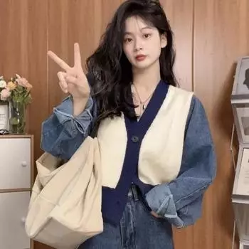 Небольшой ароматный вязаный джинсовый свитер женский весенне-осенний свободный короткий свитер с рукавами «летучая мышь» контрастного цвета с v-образным вырезом One Size серый