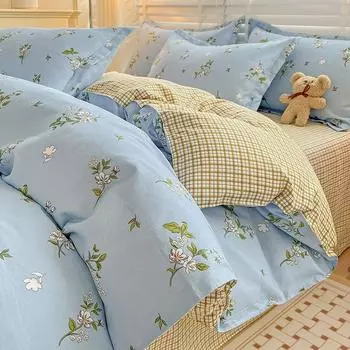 Небольшой комплект из четырех предметов из свежего чистого хлопка с начесом Простыни и пододеяльники из утолщенного стираного хлопка Комплект постельного белья из трех предметов для общежития 150*200cm quilt cover