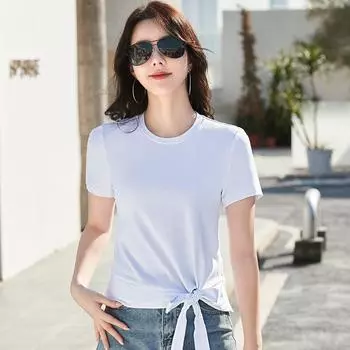 Небольшой круглый вырез, уменьшающий возраст, универсальный хлопковый эластичный удобный топ, облегающая женская футболка в корейском стиле с короткими рукавами и нишей с бантом S белый
