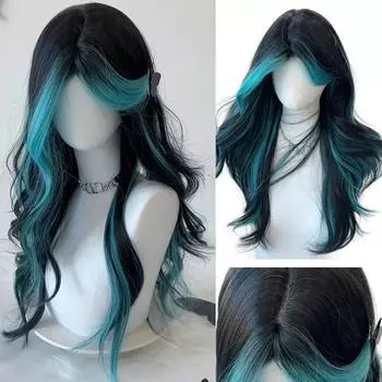 Небольшой кружевной синий синтетический парик с челкой, женский, Лолита, повседневная мода, черный, с синей челкой, длинный вьющийся парик из волос 70CM