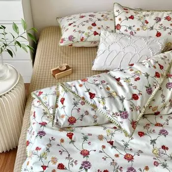 Небольшой свежий комплект хлопкового постельного белья из четырех предметов в пасторальном стиле для матери и ребенка, спящих обнаженными, хлопковый пододеяльник из трех предметов с цветочным принтом 1.2m bed sheet 3pcs