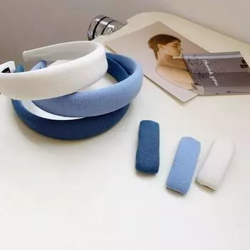 Небольшой свежий синий комбинированный простой однотонный обруч для волос с широкими полями, губка, утолщенная ткань, зажим BB, боковой зажим для челки