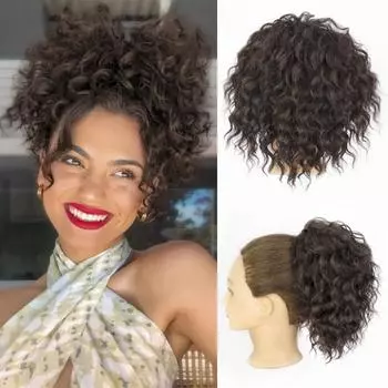 Небрежный пучок волос Свободный волнистый вьющийся пучок Короткий хвостик на шнурке Наращивание волос Топ Синтетический хвостик Женские наращивания волос 30cm