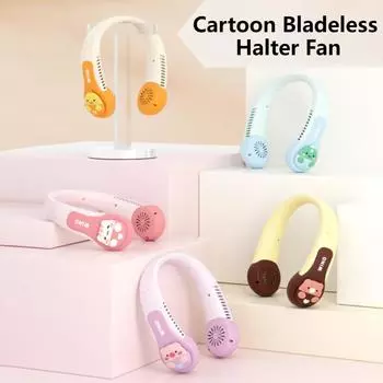 Neck Fan Cartoon Long Endurance Bladeless Neck Fan USB Rechargeable No Hair Twisting 3-Speed Strong Wind Fan for Kids & Adults