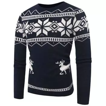 Neck O Mens Sweater Sweatshirt Deer Printed Winter Christmas Knitwear Pullover NavyBlue,2XL
