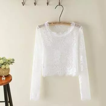 Neck Pullover Cotton Mesh Blouse Long Sleeves T-shirt Spring and Summer New Versatile Short European and American Style Lace Mesh Women s T-shirt White eyelash collar XL