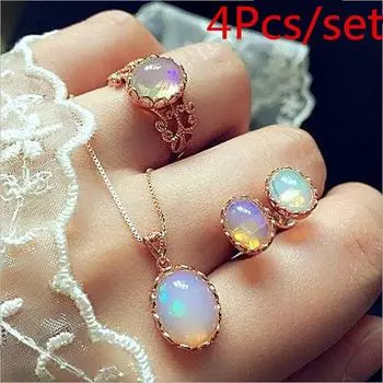 Necklace Earrings Rings Jewerly Sets 4 Pcs/set Fashion Jewelry Crystal for Women Opal Pendant Wedding Gifts Accessories