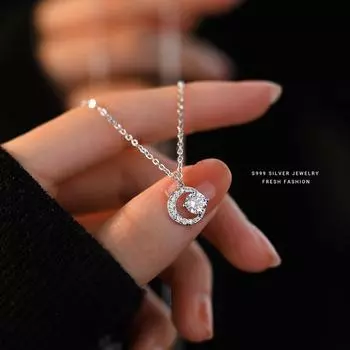 Necklace for Women 2025 New Accessories Sterling Silver 999 Silver Necklace Niche Style Everyday Joker Summer Zircon Moon-White Gold/Zircon