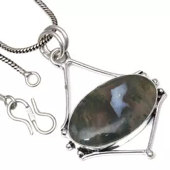 Necklace Moss Agate Gemstone Handmade Antique Silver Jewelry 1.75