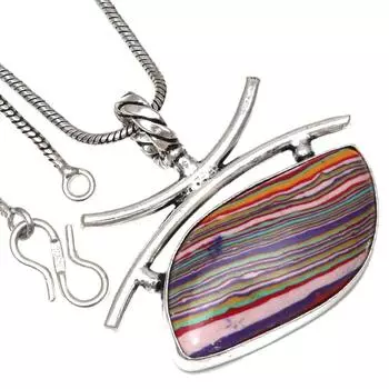 Necklace Rainbow Calsilica Gemstone Handmade Antique Silver Jewelry 1.5