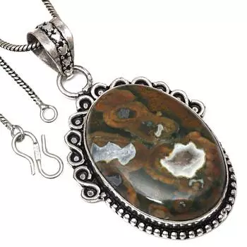 Necklace Rainforest Jasper Gemstone Handmade Antique Silver Jewelry 2.25