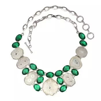 Necklace Solar Drusy Emerald Gemstone Women Unisex Silver Jewelry 18-20