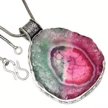 Necklace Solar Drusy Gemstone Handmade Antique Silver Jewelry 2