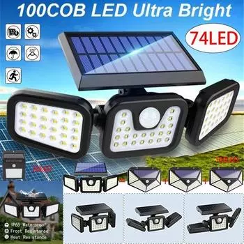 Недавно модернизированный регулируемый солнечный ночной светильник с датчиком движения, прожектор, 270 °, широкоугольное освещение, внутренний двор, сад, гараж, крыльцо 100 LED чёрный