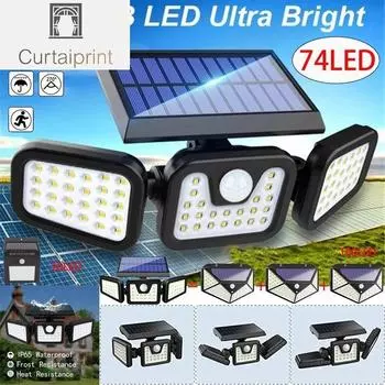 Недавно модернизированный регулируемый солнечный ночной светильник с датчиком движения, прожектор, 270 °, широкоугольное освещение, внутренний двор, сад, гараж, крыльцо 74 LED чёрный