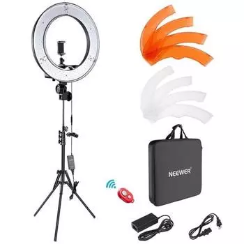 NEEWER 18-дюймовый светодиодный кольцевой светильник 55 Вт 5600 К с регулируемой яркостью, энергосберегающий SMD светодиодный светильник для фото и видеосъемки, комплект со стойкой и мягкой трубкой