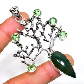 Нефрит-цаворит, драгоценный камень 925, посеребренная ювелирная подвеска 2,84 дюйма 2.84 зелёный