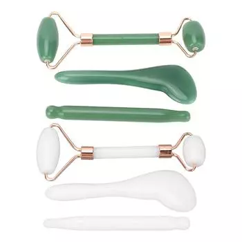 Нефритовый ролик для лица с двумя головками, ручной массажер для кожи лица, набор соскребающих досок для старения Green