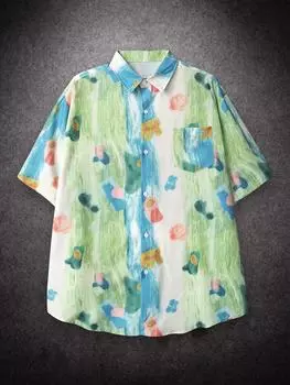 Негабаритная свободная ретро картина маслом с принтом с коротким рукавом Гавайи Пляжная летняя мужская рубашка Студенческая модная повседневная мужская одежда S зелёный