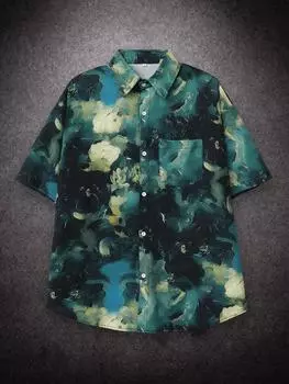 Негабаритная свободная ретро картина маслом с принтом с коротким рукавом Гавайи Пляжная летняя мужская рубашка Студенческая модная повседневная мужская одежда S зелёный
