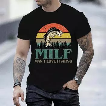 Негабаритные футболки Летние мужчины Milf Man I Love Fishing Футболки с принтом Хип-хоп Рубашки с коротким рукавом Harajuku Футболка Milf Fishing Мужские футболки S чёрный