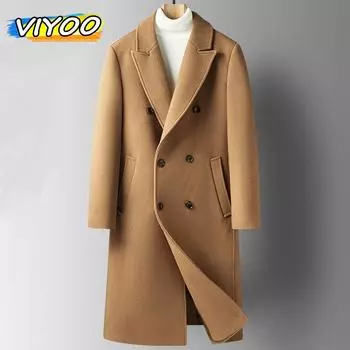 Негабаритные мужские длинные шерстяные плащи Шерстяная ветровка Элегантные джентльменские пальто Англия Винтаж Классические мужские повседневные пальто Куртки для мужчин M чёрный