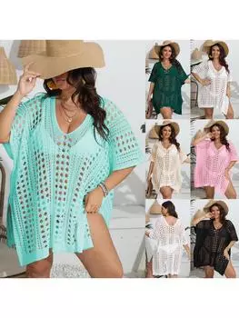 Негабаритные накидки на бикини, богемное пляжное платье, однотонное, пляжная одежда больших размеров, женская 2024, сексуальное накидка с v-образным вырезом, женская one size белый