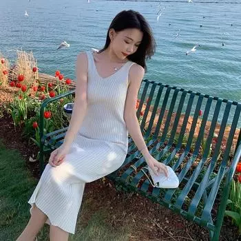 Негабаритные женские корейские сексуальные облегающие трикотажные женские платья с v-образным вырезом one size белый